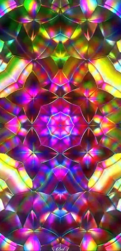 Vibrant kaleidoscope pattern with colorful geometric shapes.