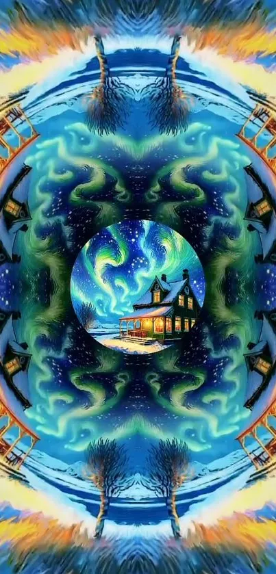 Kaleidoscope design with aurora lights and winter cabin.