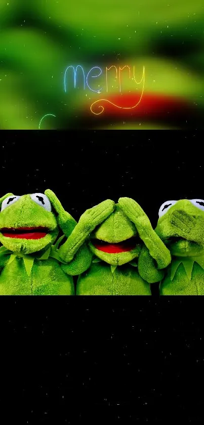 Green frog trio with neon 'Merry' sign on mobile wallpaper.