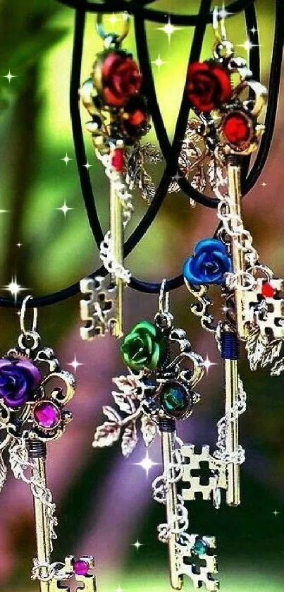 Colorful key charms with roses on a vibrant background.