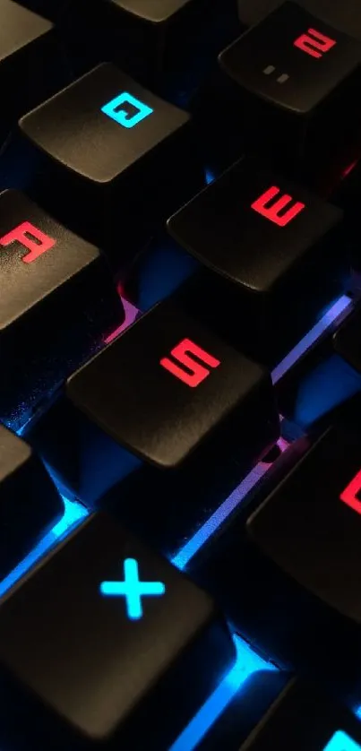 Vibrant backlit keyboard with illuminated keys in red and blue hues.