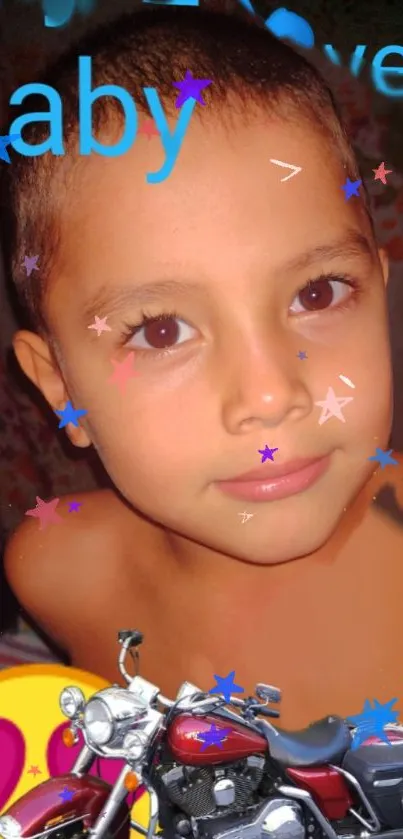 Kid's face with colorful stars and a motorcycle.