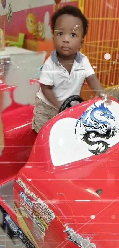 Child on a dragon-themed toy car in a colorful playroom.