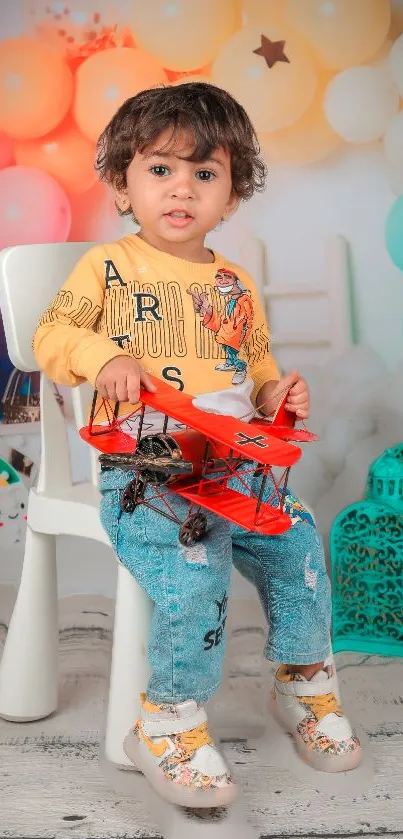 Cute child sitting with colorful balloons and toys in a lively setting.