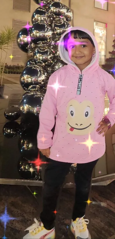 Child wearing pink hoodie with sparkles in a festive night backdrop.