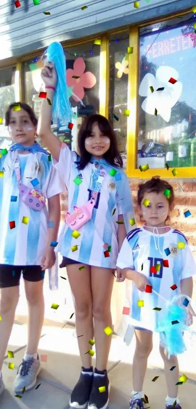 Joyful kids celebrating with colorful confetti in a vibrant setting.