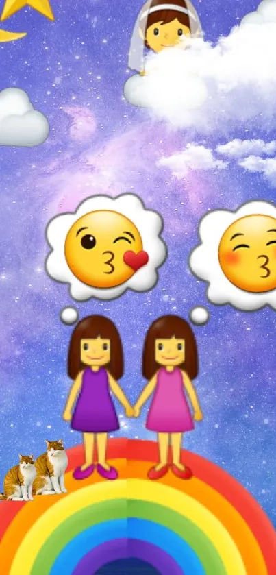 Colorful kids wallpaper with emojis, rainbow, and cosmic sky.