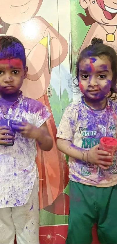 Kids enjoying a colorful festival, covered in vibrant hues.