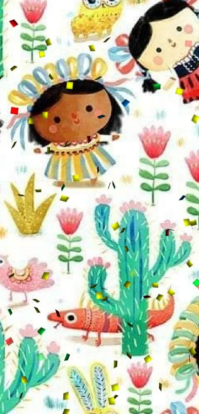 Colorful cartoon kids with animals and cacti in a playful wallpaper design.