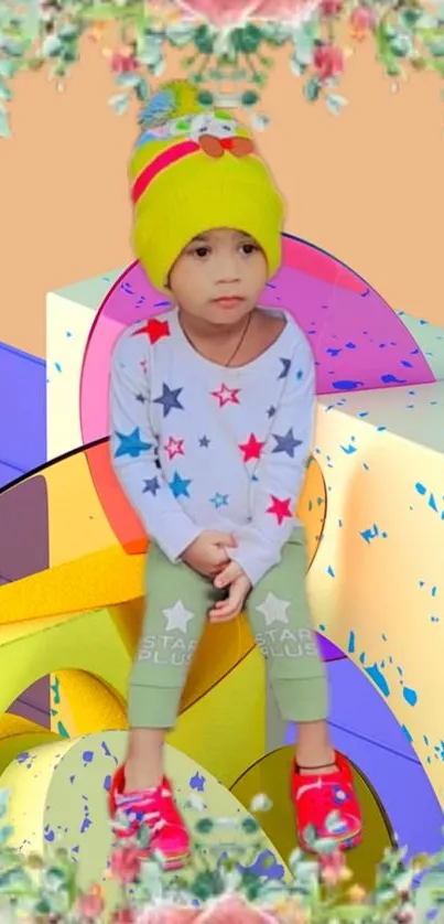 Child in star-patterned outfit with geometric background and floral frame.