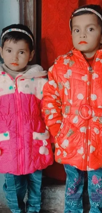 Two twin girls in colorful winter jackets.