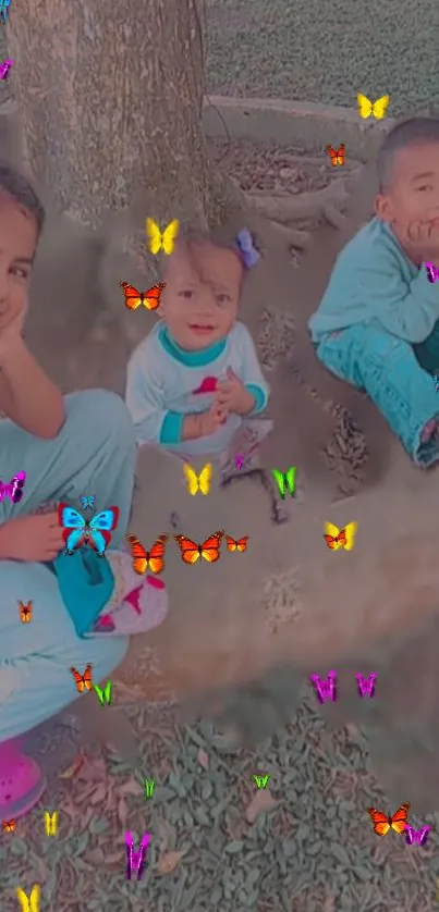 Cheerful kids with colorful butterflies around them on a bright day.