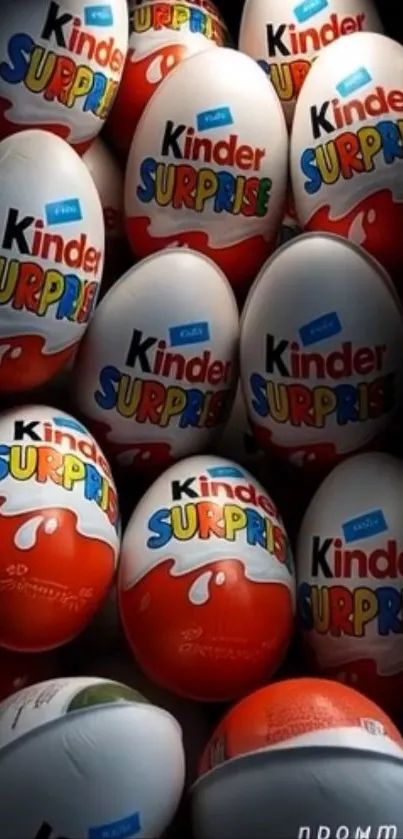 A collection of colorful Kinder Surprise eggs with vibrant packaging.