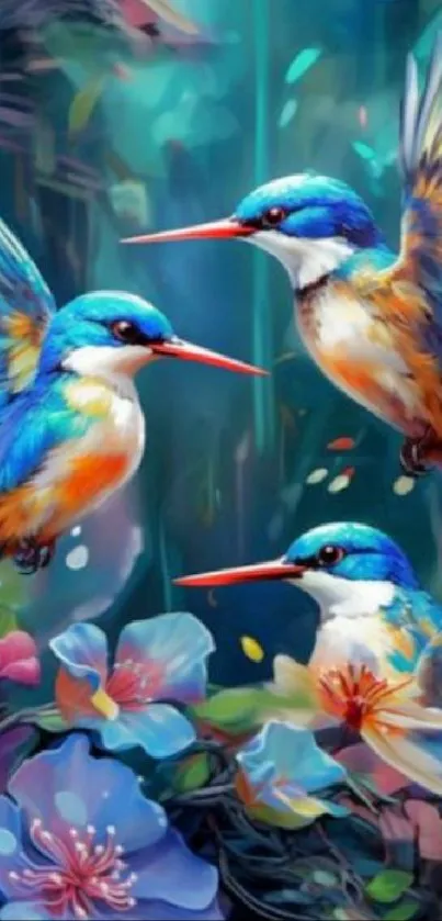 Vibrant kingfisher birds and flowers wallpaper.