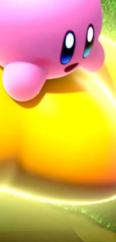 Kirby riding a bright yellow star in vibrant wallpaper.