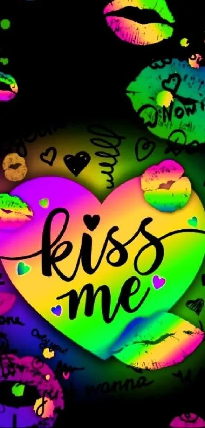 Colorful 'Kiss Me' neon heart wallpaper with artistic lip prints.