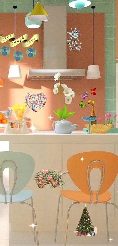 Colorful kitchen wallpaper with chairs and decor.