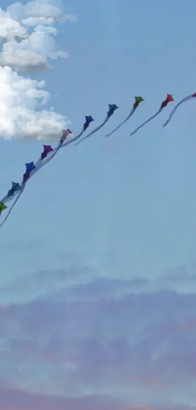 Mobile wallpaper of colorful kites soaring in a blue sky.