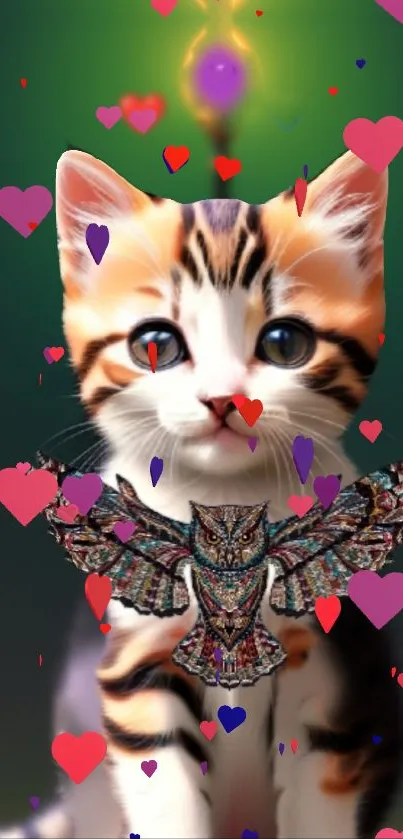 Cute kitten surrounded by colorful hearts and an owl in vibrant art.