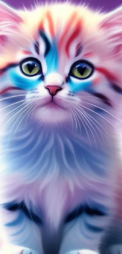 Vibrant digital artwork of a colorful kitten with a purple background.