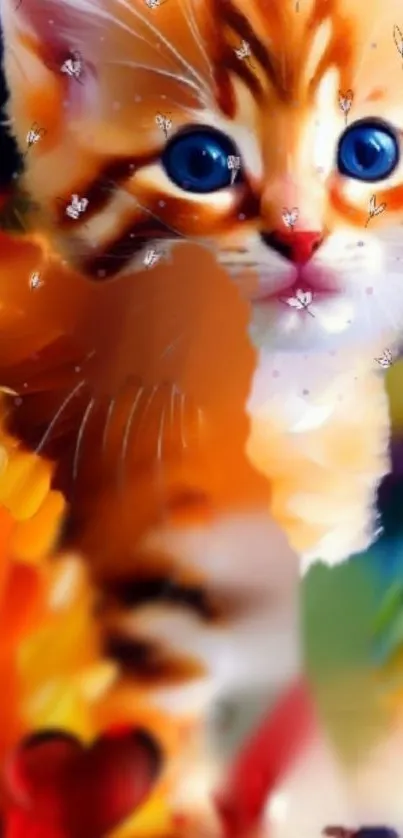 Cute kitten surrounded by vibrant abstract colors.