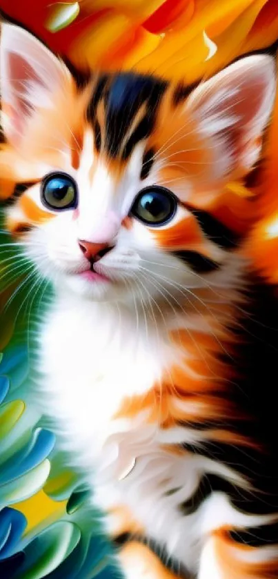 Colorful artistic image of a kitten in vibrant hues of orange, green, and blue.