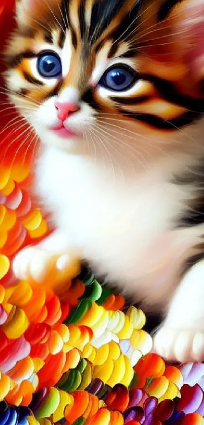 A colorful and vibrant kitten art wallpaper with a rich, painted background.