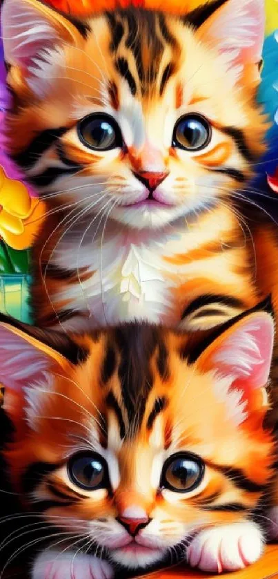 Colorful artwork of two kittens amidst vibrant flowers.