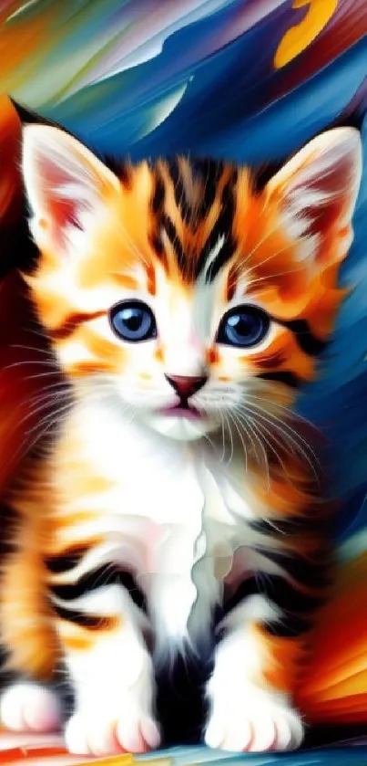 Vibrant artistic wallpaper of a colorful kitten with blue eyes.