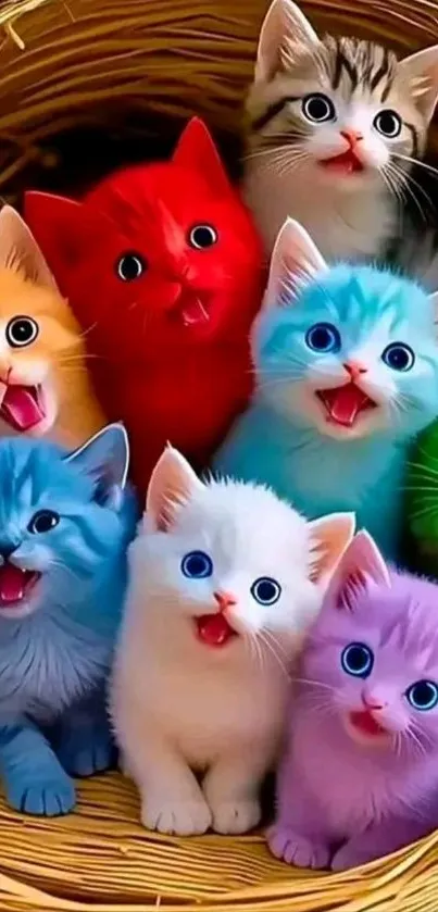 A vibrant basket of multicolored kittens, featuring vibrant reds and blues.