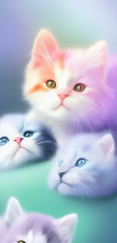 Fantasy art of colorful kittens with a soft, lavender background.