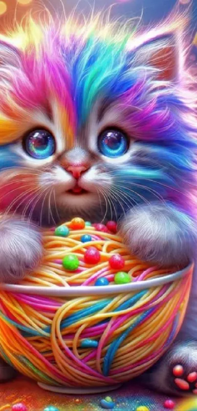 Rainbow-colored kitten with yarn ball and vibrant background.