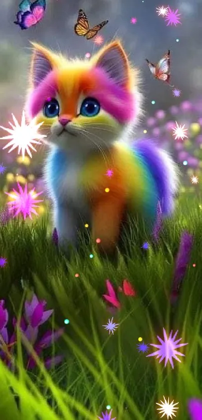 Rainbow kitten in a colorful meadow with butterflies.