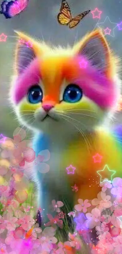 Colorful kitten with butterflies in a garden scene.