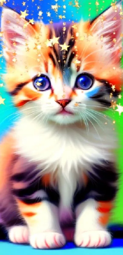 Whimsical kitten with sparkles on a vibrant blue and green background.