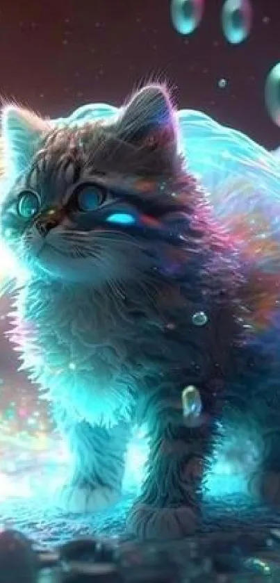 Enchanting kitten with neon lights and bokeh effect in colorful wallpaper.