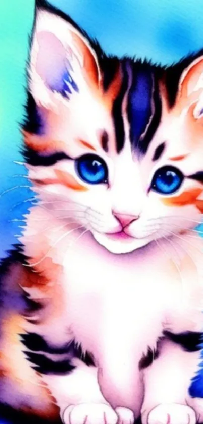 Cute colorful kitten with aqua and pink hues in artistic mobile wallpaper.