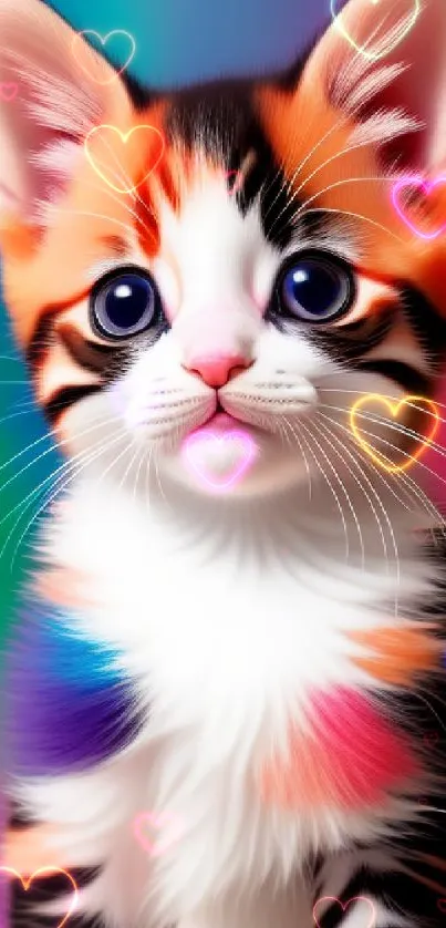 Colorful kitten with big eyes on a vibrant background.