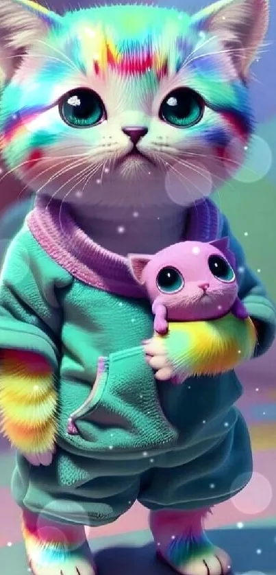 Vibrant rainbow kitten with cute outfit, perfect for a colorful mobile wallpaper.