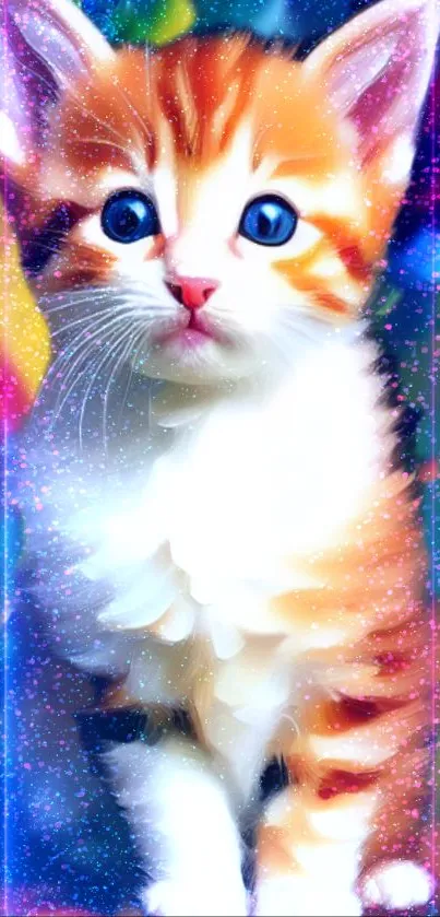 A colorful wallpaper of a cute kitten with a galaxy background.