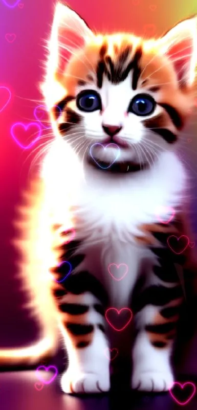 Adorable kitten with vibrant rainbow background, perfect for phone wallpaper.