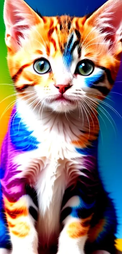 Colorful kitten with rainbow fur sitting on a vibrant background.