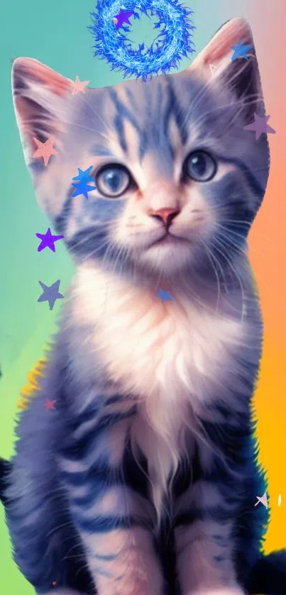 Cute kitten with colorful stars on a rainbow background wallpaper.