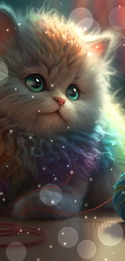 Fluffy kitten with rainbow fur plays with yarn on a wooden floor.