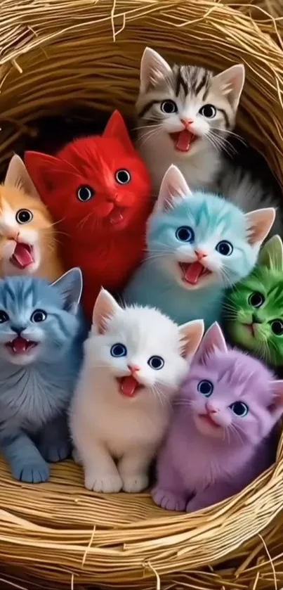 Colorful kittens snuggled together in a nest.
