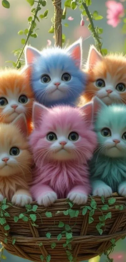 Vibrant kittens with colorful fur sitting in a decorative hanging basket.