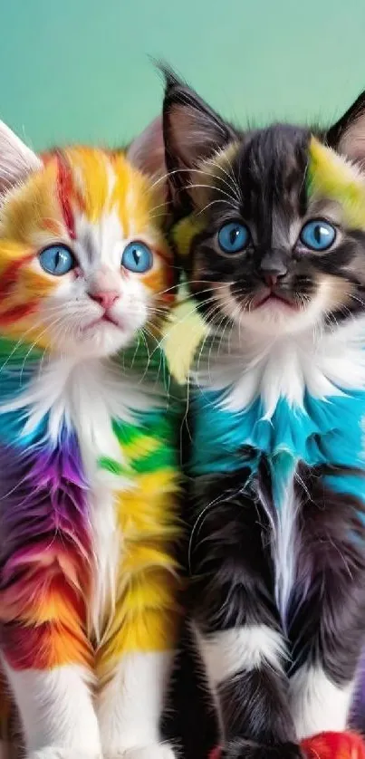 Two cute kittens with rainbow-colored fur and blue eyes.