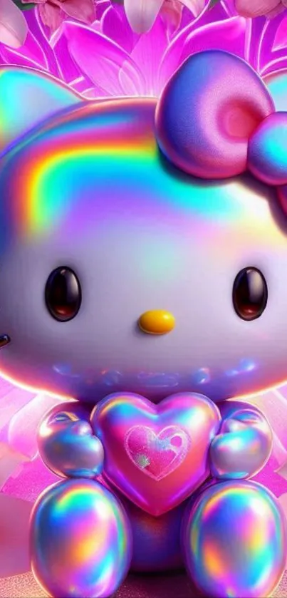 Colorful kitty with heart design on pink background