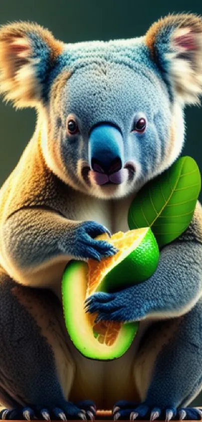 Illustration of a colorful koala holding an avocado against a blue-gray background.