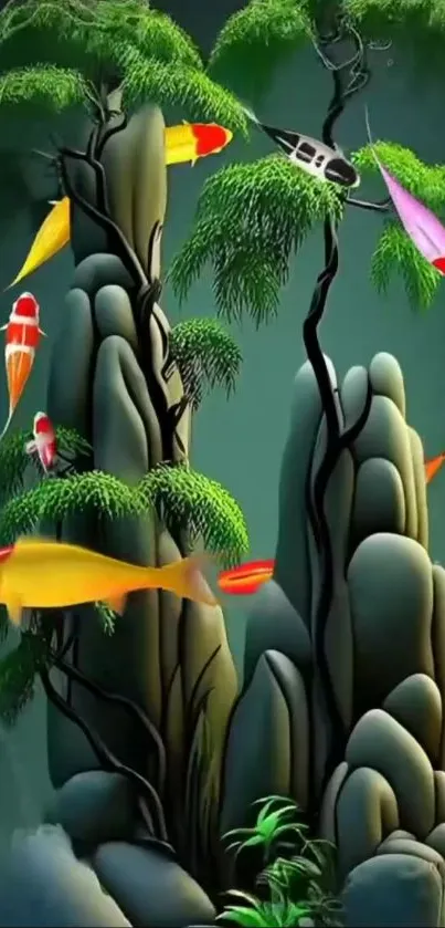 Illustration of koi fish swimming around stylized rocks and greenery.